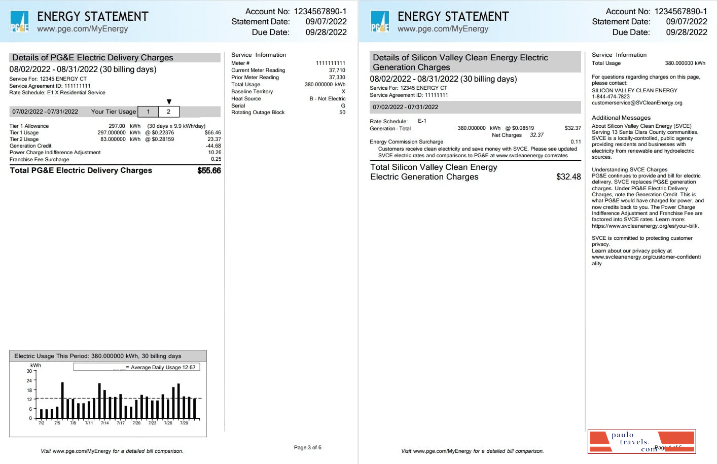 USA California PG&E (Pacific Gas and Electric Company) utility bill, Word and PDF template, 6 pages 3 4